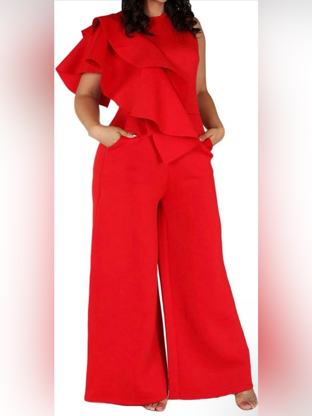 Elegant Red Wide-Leg Jumpsuit with Ruffle Detail